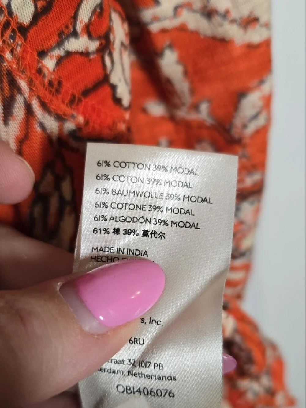 Free People XS Orange Floral Ruched V-Neck Long Sleeve Top